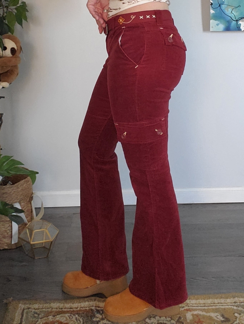 DELIAS Embroidered Belt Y2K Corduroy Cargo Flares 3